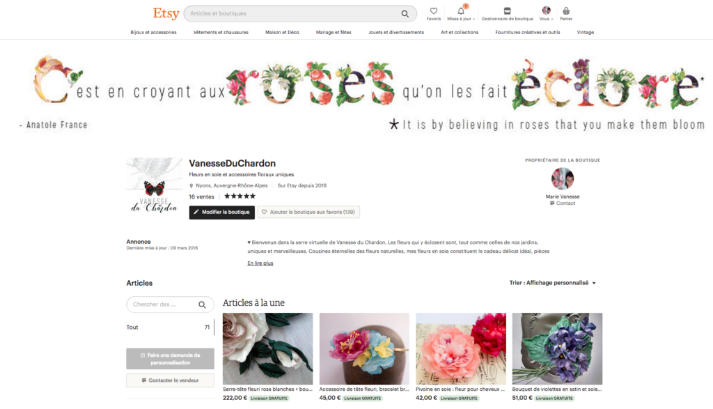 Boutique en ligne fleurs en soie Vanesse du Chardon